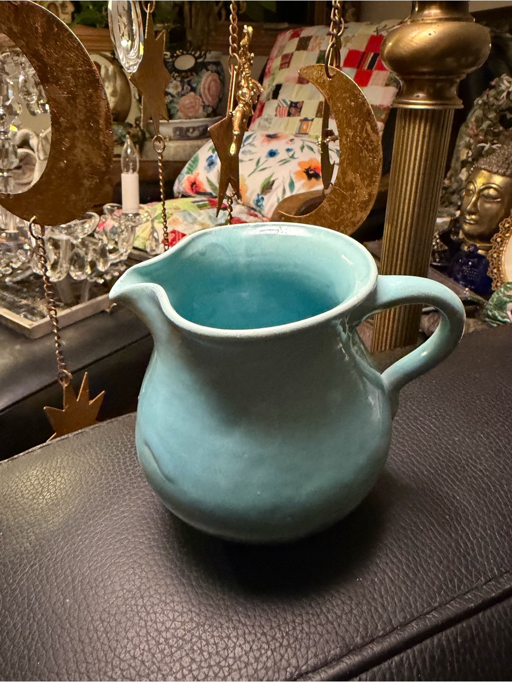 Vintage Mid Century Modern Turquoise Ceramic Drip Glaze Pitcher